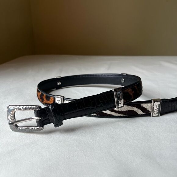 Brighton Q3903 Black Leather Belt Zebra Cheetah Animal Print Calf Hair 32 - Picture 1 of 10